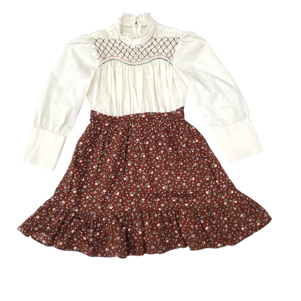 VTG Peasant Prairie Polly Finders Hand smocked Dress 1960s Bishop Sleeve Sz 8